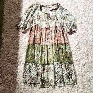 Boho Whimsical Floral Tiered Hippie Indie Flowy Sheer Layered Dress Womens L